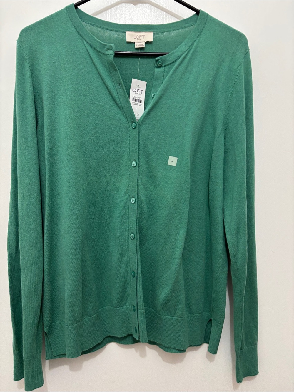 “NEW” LOFT Green Crewneck Button-Front Cardigan Sz L